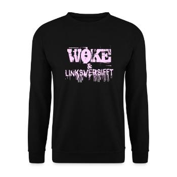 Selbstironie: WOKE & linksversifft - Unisex Pullover - Schwarz - Vorne - Alina (178cm) & Michal (187cm)