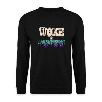Selbstironie: WOKE & linksversifft - Unisex Pullover - Schwarz - Vorne - Alina (178cm) & Michal (187cm)