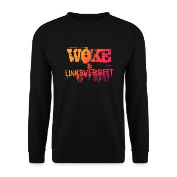 Selbstironie: WOKE & linksversifft - Unisex Pullover - Schwarz - Vorne - Alina (178cm) & Michal (187cm)
