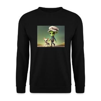 cute little green retro alien take the dog out - Unisex Sweatshirt - black - Front - Alina (178cm) & Michal (187cm)