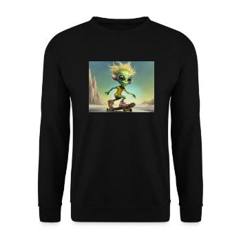 niedliches kleines grünes Retro Alien Skateboarden - Unisex Pullover - Schwarz - Vorne - Alina (178cm) & Michal (187cm)