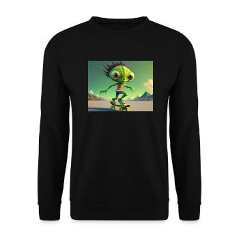 niedliches kleines grünes Retro Alien Skateboarden - Unisex Pullover - Schwarz - Vorne - Alina (178cm) & Michal (187cm)