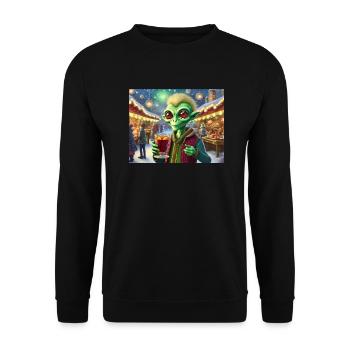 Alien trinkt Glühwein an Weihnachten - Unisex Pullover - Schwarz - Vorne - Alina (178cm) & Michal (187cm)