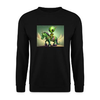 niedliches kleines grünes vintage alien reitet auf einem pferd - Unisex Pullover - Schwarz - Vorne - Alina (178cm) & Michal (187cm)