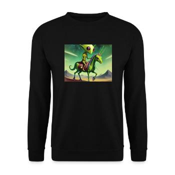 niedliches kleines grünes vintage alien reitet auf einem pferd - Unisex Pullover - Schwarz - Vorne - Alina (178cm) & Michal (187cm)