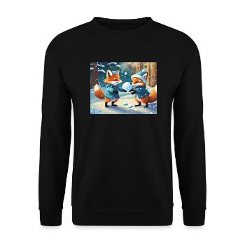 niedlicher kleiner Teufel Fuchs Alltag – Schnee spielen - Unisex Pullover - Schwarz - Vorne - Alina (178cm) & Michal (187cm)