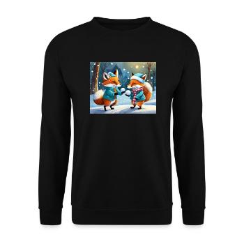 niedlicher kleiner Teufel Fuchs Alltag – Schnee spielen - Unisex Pullover - Schwarz - Vorne - Alina (178cm) & Michal (187cm)