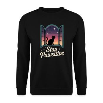 Stay pawsitive - Schwarze Katze am Fenster - Unisex Pullover - Schwarz - Vorne - Alina (178cm) & Michal (187cm)