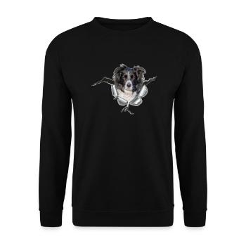 Border Collie im *Metall-Loch* - Unisex Pullover - Schwarz - Vorne - Alina (178cm) & Michal (187cm)