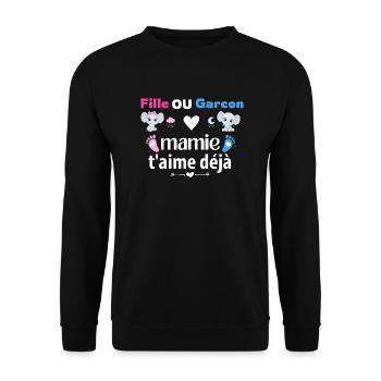 Fille ou garcon mamie t'aime déja Baby Shower - Sweat-shirt Unisexe - noir - Devant - Alina (178cm) & Michal (187cm)