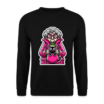 Lustige ältere Frau mit Katzendesign - Unisex Pullover - Schwarz - Vorne - Alina (178cm) & Michal (187cm)