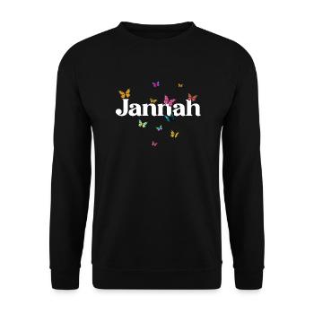 JANNAH - Schöner Mädchen Name mit Schmetterlingen - Unisex Pullover - Schwarz - Vorne - Alina (178cm) & Michal (187cm)