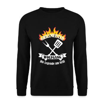 Grillmeister Wolfgang lustiger Spruch Vorname - Unisex Pullover - Schwarz - Vorne - Alina (178cm) & Michal (187cm)