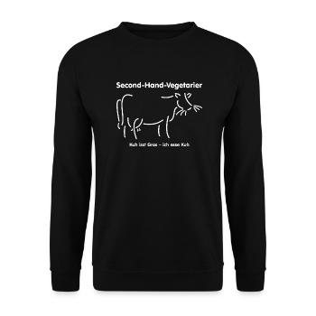Second Hand Vegetarier Kuh isst Gras ich esse Kuh - Unisex Pullover - Schwarz - Vorne - Alina (178cm) & Michal (187cm)
