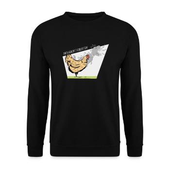 Lustiges Huhn mit Dinosaurierschatten - das haben sie nicht - Unisex Pullover - Schwarz - Vorne - Alina (178cm) & Michal (187cm)
