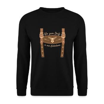 Wo Zum Deifi Is Mei Lederhosn Lederhose Ersatz - Unisex Pullover - Schwarz - Vorne - Alina (178cm) & Michal (187cm)