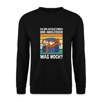 Aufgestanden Und Angezogen Was Wollt Ihr? Faultier - Unisex Pullover - Schwarz - Vorne - Alina (178cm) & Michal (187cm)