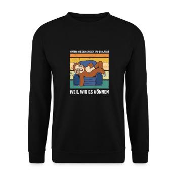 Warum Wir Den Ganzen Tag Schlafen? Süßes Faultier - Unisex Pullover - Schwarz - Vorne - Alina (178cm) & Michal (187cm)