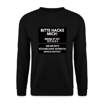 Bitte hacke mich und geb mir Rückmeldung - Unisex Pullover - Schwarz - Vorne - Alina (178cm) & Michal (187cm)