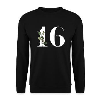 Nummer 16 Blumengrün -16. Blumengeburtstag - Unisex Pullover - Schwarz - Vorne - Alina (178cm) & Michal (187cm)