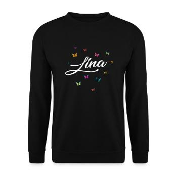 LINA - Girl Name with Colorful Butterflies - Unisex Sweatshirt - black - Front - Alina (178cm) & Michal (187cm)