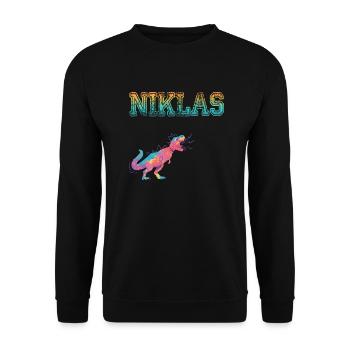 NIKLAS - Beautiful boy name with dinosaur - Unisex Sweatshirt - black - Front - Alina (178cm) & Michal (187cm)