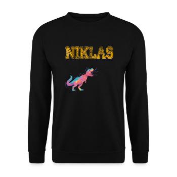 NIKLAS - Beautiful boy name with dinosaur - Unisex Sweatshirt - black - Front - Alina (178cm) & Michal (187cm)