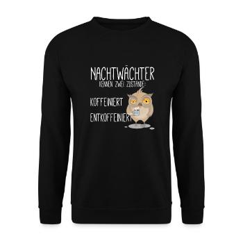 koffeiniert Nachtwächter - Unisex Pullover - Schwarz - Vorne - Alina (178cm) & Michal (187cm)