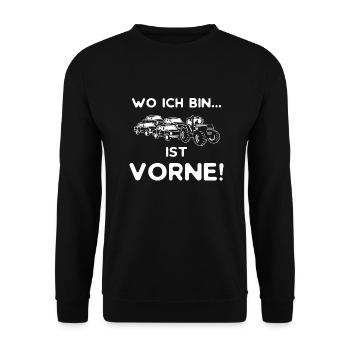 wo ich bin ist vorne_Traktor.png - Unisex Pullover - Schwarz - Vorne - Alina (178cm) & Michal (187cm)