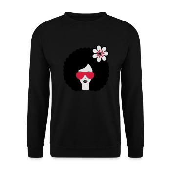 Curly haired sommer girl with flower, Retro, Afro - Unisex Pullover - Schwarz - Vorne - Alina (178cm) & Michal (187cm)