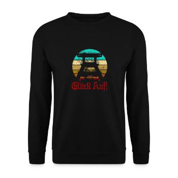 Retro Sunset Glück Auf! Vintage Bergbau Logo Zeche - Unisex Pullover - Schwarz - Vorne - Alina (178cm) & Michal (187cm)