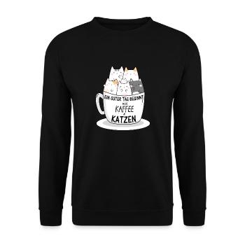 Kaffee und Katzen Coffee and Cats Geschenkidee - Unisex Pullover - Schwarz - Vorne - Alina (178cm) & Michal (187cm)