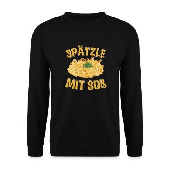 Spätzle mit Soß | Schwabe Schwäbisch Geschenkideen - Unisex Pullover - Schwarz - Vorne - Alina (178cm) & Michal (187cm)