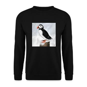 Gemalter Papageitaucher im Schnee Vogel Design - Unisex Pullover - Schwarz - Vorne - Alina (178cm) & Michal (187cm)