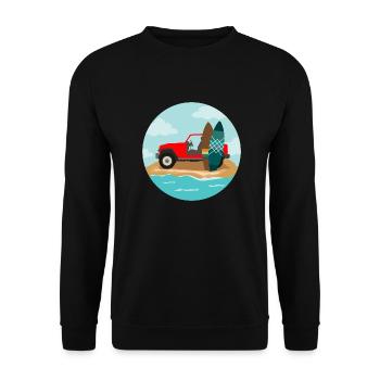 Surfing Wave Jeep und Surfboard Surfer Geschenk - Unisex Pullover - Schwarz - Vorne - Alina (178cm) & Michal (187cm)