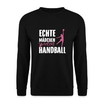 Handball Mädchen | Handballer Team Hobby Geschenke - Unisex Pullover - Schwarz - Vorne - Alina (178cm) & Michal (187cm)