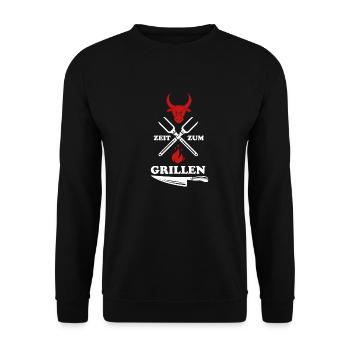 Zeit zum Grillen Grillmeister Geschenk Fleisch - Unisex Pullover - Schwarz - Vorne - Alina (178cm) & Michal (187cm)