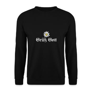 Grüß Gott Gruß München Bayern Edelweiss Geschenk - Unisex Pullover - Schwarz - Vorne - Alina (178cm) & Michal (187cm)