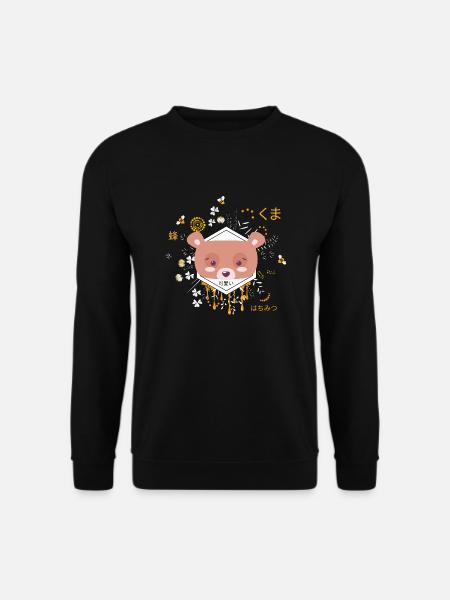 Kawaii Bear Kuma with Flowers and Bees, Adorable - Unisex Sweatshirt - black