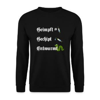 Geimpft/Gechipt/Entwurmt - Unisex Pullover - Schwarz - Vorne - Alina (178cm) & Michal (187cm)