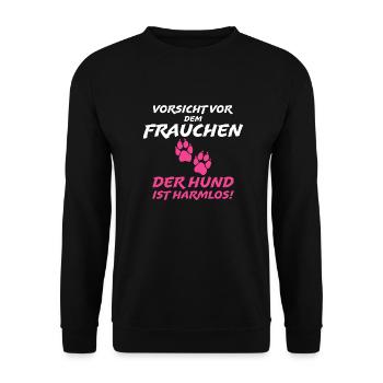 Vorsicht vor dem Frauchen Hund Dog Geschenk Welpe - Unisex Pullover - Schwarz - Vorne - Alina (178cm) & Michal (187cm)
