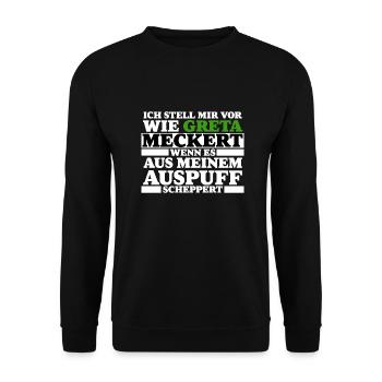 Greta meckert Auspuff scheppert Tuning Geschenk - Unisex Pullover - Schwarz - Vorne - Alina (178cm) & Michal (187cm)
