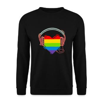 Regenbogenherz mit Kopfhörer cool Street Art - Unisex Pullover - Schwarz - Vorne - Alina (178cm) & Michal (187cm)
