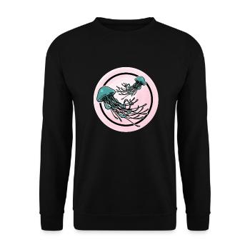 Schönes Quallen Design in Grün / Pink Unterwasser - Unisex Pullover - Schwarz - Vorne - Alina (178cm) & Michal (187cm)