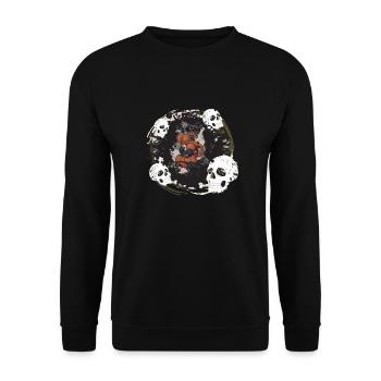 Schädel beobachtet eine Katze, die auf einem Kürbis in der Halle sitzt - Unisex Pullover - Schwarz - Vorne - Alina (178cm) & Michal (187cm)
