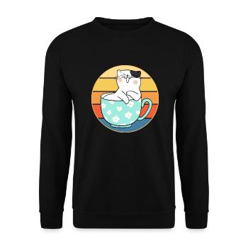 Lustiges süßes Kawaii Katzengesicht Retro Sonnenuntergang - Unisex Pullover - Schwarz - Vorne - Alina (178cm) & Michal (187cm)
