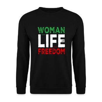 WOMAN LIFE FREEDOM - Unisex Pullover - Schwarz - Vorne - Alina (178cm) & Michal (187cm)