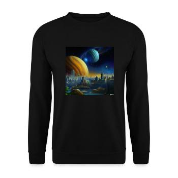 Blick auf Stadt einer weit entfernten Zivilisation - Unisex Pullover - Schwarz - Vorne - Alina (178cm) & Michal (187cm)