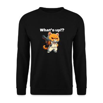 Sour, annoying orange cat with pistol saying - Unisex Sweatshirt - black - Front - Alina (178cm) & Michal (187cm)