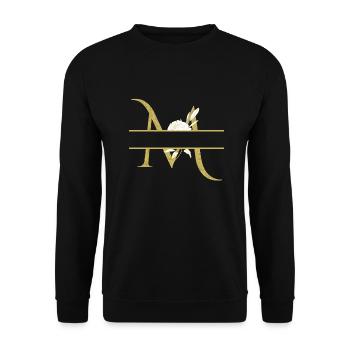 Personalisierter goldener Blumenbuchstabe M - Unisex Pullover - Schwarz - Vorne - Alina (178cm) & Michal (187cm)